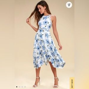 NWT Lulu’s Zahara Blue & White Print Midi Dress Size M